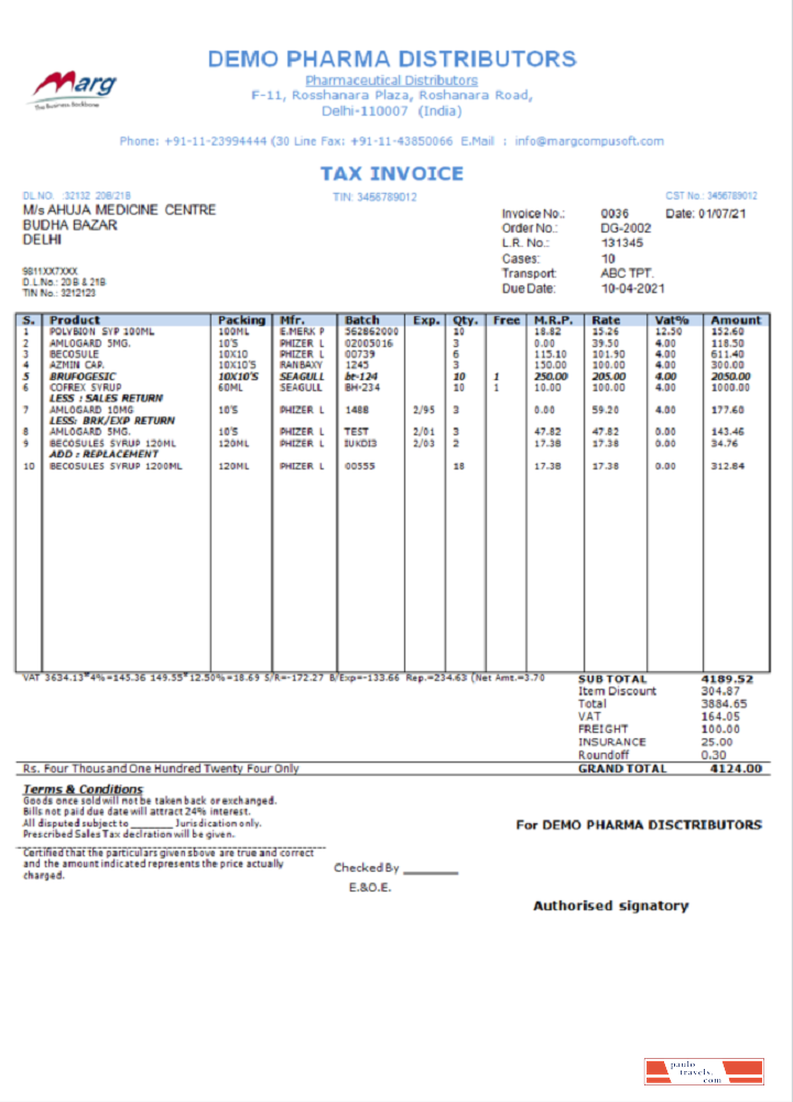 India Demo Pharma Distributor medicine consultancy services invoice PSD template